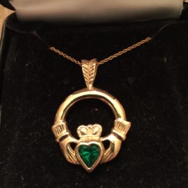 14k Gold Claddagh Pendant with Green Gem