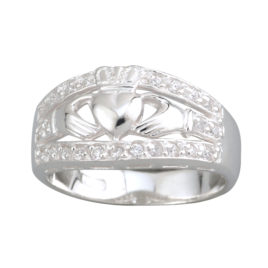 S2728 – Sterling Silver Wide Claddagh CZ Band