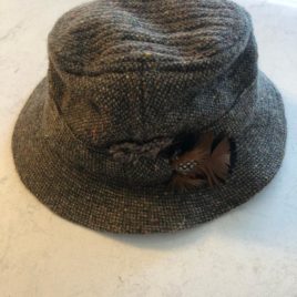 Men’s Brown Tweed Walking Hat with Feather Size Small (Hanna Hats)